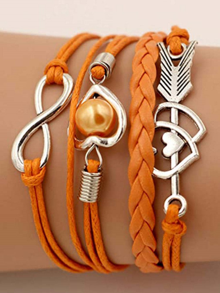Orange Halloween Cupid's Arrow Heart Pearl Leather Rope Multi-Layer Bracelet