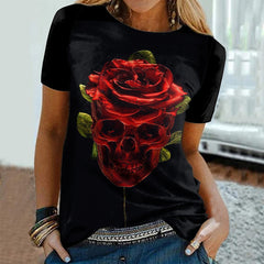 Rose Skull Print Crewneck T-Shirt