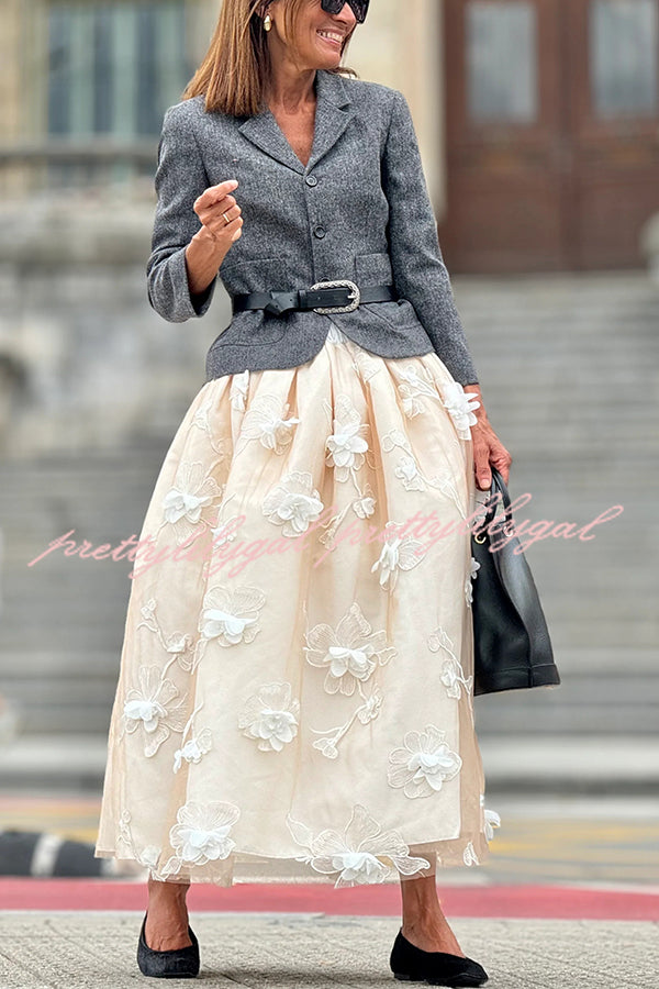 Timeless Luxury Tulle 3D Embroidered Flowers Elastic Waist Large Hem Midi Skirt