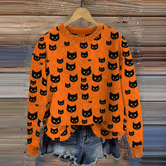 Halloween Cat Print Knitted Pullover Sweater