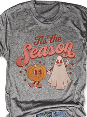 Tis The Season Halloween Pumpkin Ghost Print Crew Neck Casual T Shirt