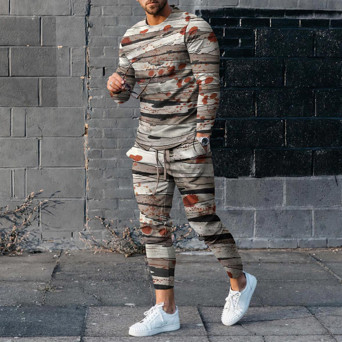 Men's Halloween Blood Printed Long Sleeve T-Shirt And Pants Co-Ord