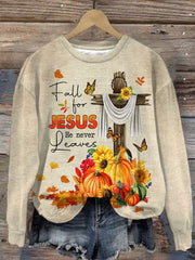 Fall For Jesus He Never Leaves Print Long Sleeve Sweatshirt