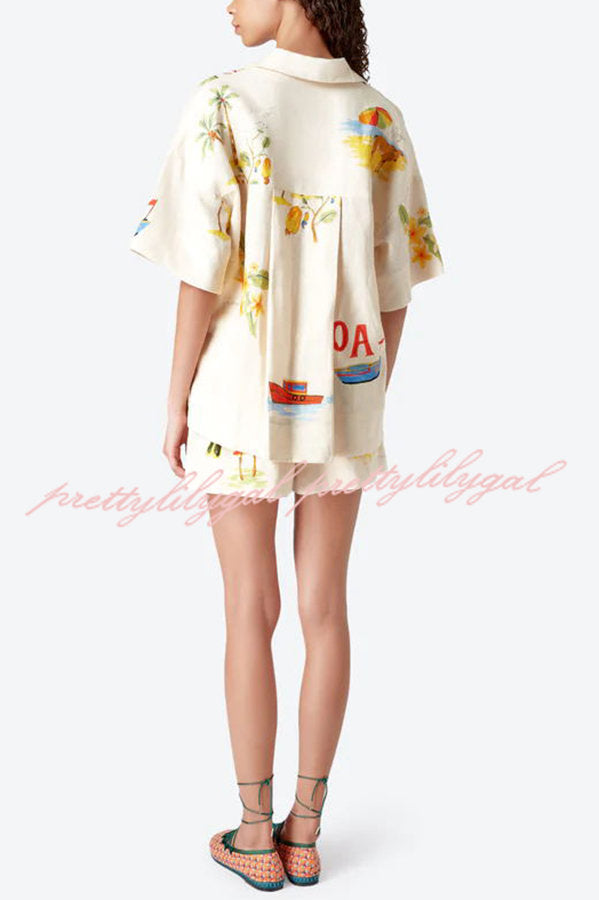 Hello Summer Linen Blend Hand-painted Print Blouse and Elastic Waist Pocketed Shorts Set