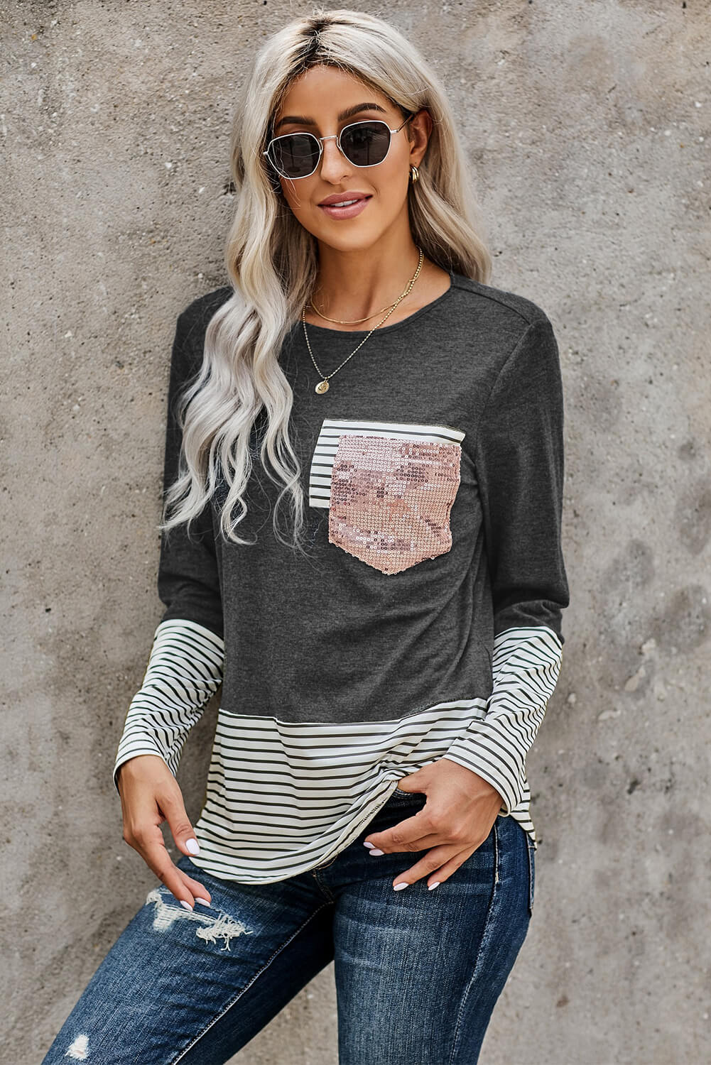 Women's Gray Stripe Pocket Sequins Splicing O-neck Long Sleeve Top