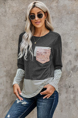 Women's Gray Stripe Pocket Sequins Splicing O-neck Long Sleeve Top