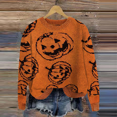 Halloween Pumpkin Print Knitted Pullover Sweater