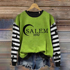 Salem 1692 Black Cat Stripe Contrast Print Crew Neck Sweatshirt