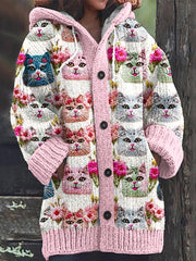 Abstract Colorblock Floral Cats World Art Pattern Cozy Cardigan Sweater
