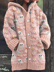 Vintage Daisy Ghost Embroidered Knit Hooded Cardigan