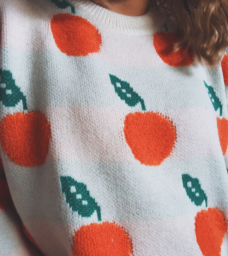 Orange Jacquard Casual Round Neck Sweater