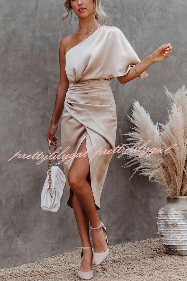 Glam Expectations One Shoulder Satin Drape Dress