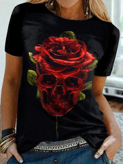 Rose Skull Print Crewneck T-Shirt