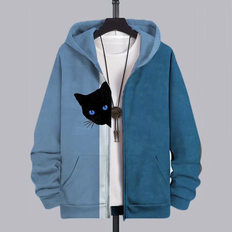 Men's Fun Hide And Seek Black Cat Print Hooded Zip-Up Jacket