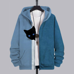 Men's Fun Hide And Seek Black Cat Print Hooded Zip-Up Jacket