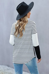 Women's Black White Heart Sequins Striped Long Sleeve Top