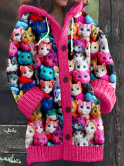 Cat Art Print Knitted Hooded Cardigan