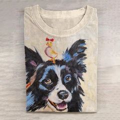 Women's Ms Duck And Her Border Collie Rider Print Casual Short Sleeve T-Shirt