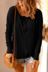 Women's Black Waffle Knit Henley Top
