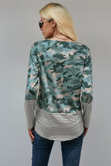 Women's Green Camo Stripe Pocket Sequins Splicing O-neck Long Sleeve Top