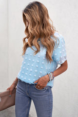Women's Sky Blue Swiss Dot Texture O-neck Short Sleeve Top