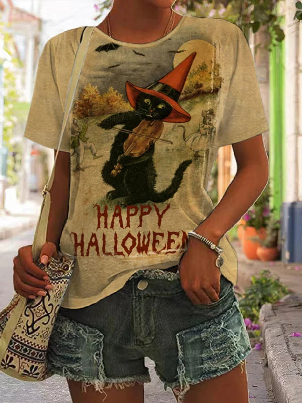 Halloween Black Cat Print Casual T Shirt