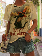 Halloween Black Cat Print Casual T Shirt