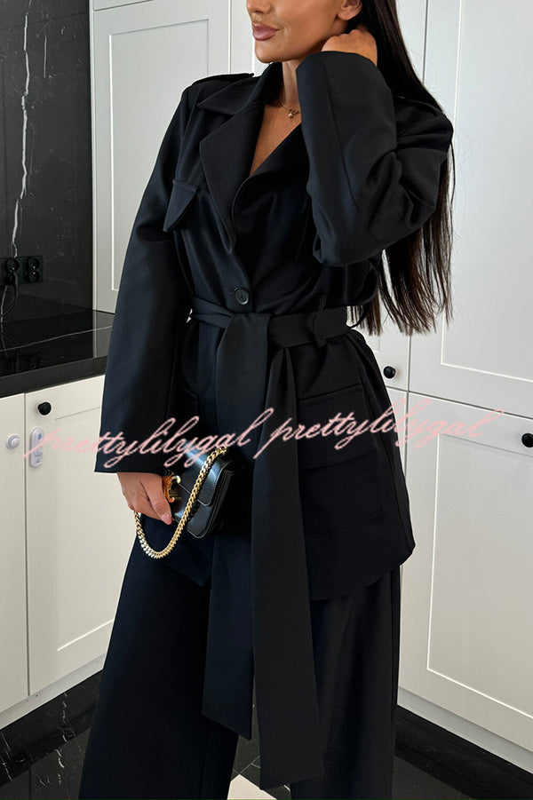 Business Needs Button Up Flap Pocket Belted Lapel Loose Jacket