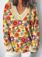 Flower Art Print V-Neck Cozy Knit Sweater