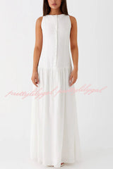 Unforgettable Evening Linen Blend Button Up Drop Waist Maxi Dress
