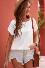 Women's Beige Pocketed Side Slits Short Sleeve Tee