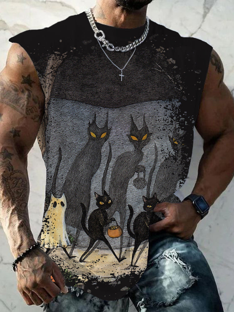 Men's Black Cat Halloween Art Round Neck Tank Top
