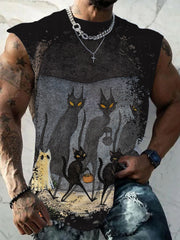 Men's Black Cat Halloween Art Round Neck Tank Top