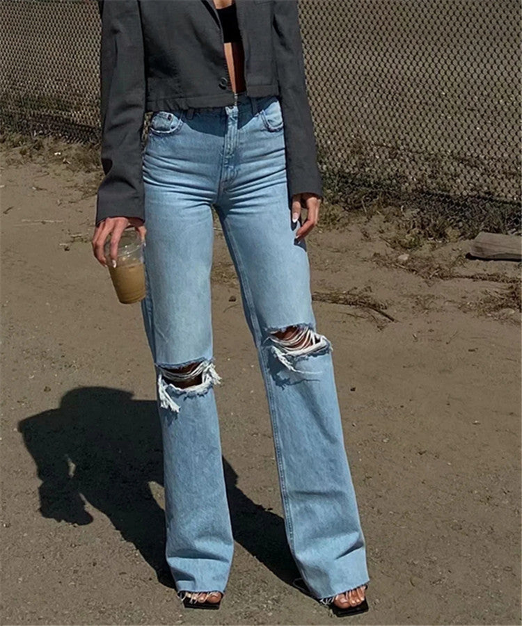 Women's wide leg ripped flared jeans