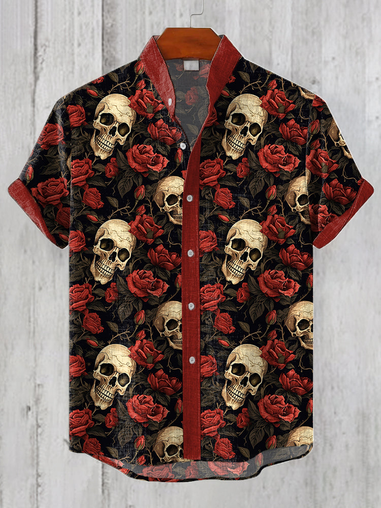 Men's Rose & Skull Linen Blend Vintage Shirt