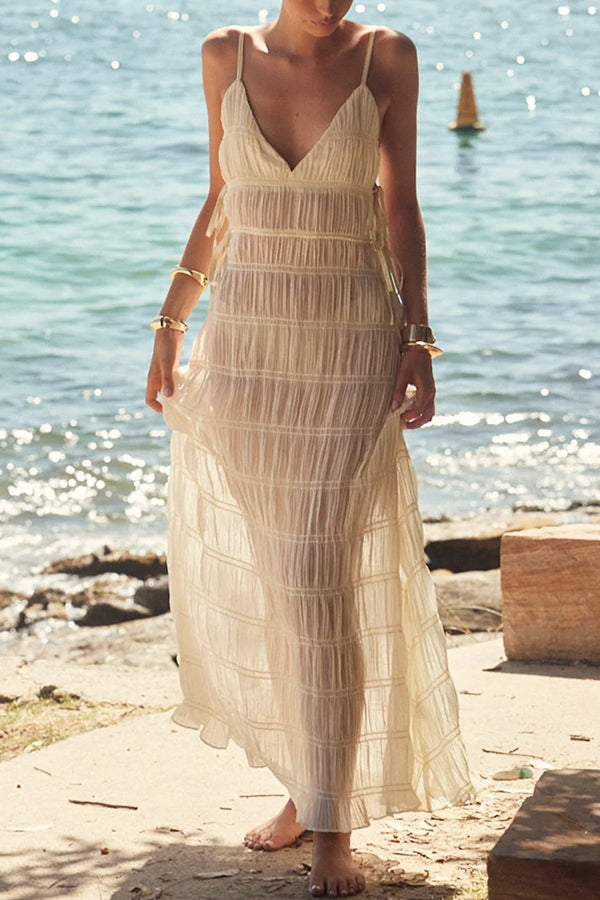 Somewhere Sunny Pleated Fabric Side Cutout Straps A-line Loose Maxi Dress
