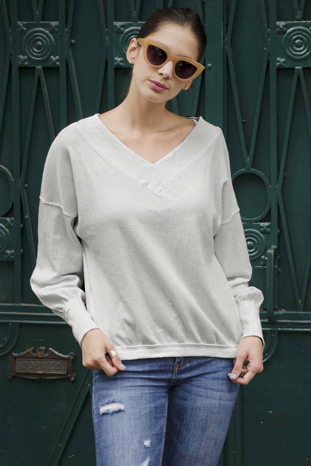 Women's White V Neck Our Country Roads Thermal Top