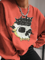 Cat Skull Print Crew Neck Sweatshirt