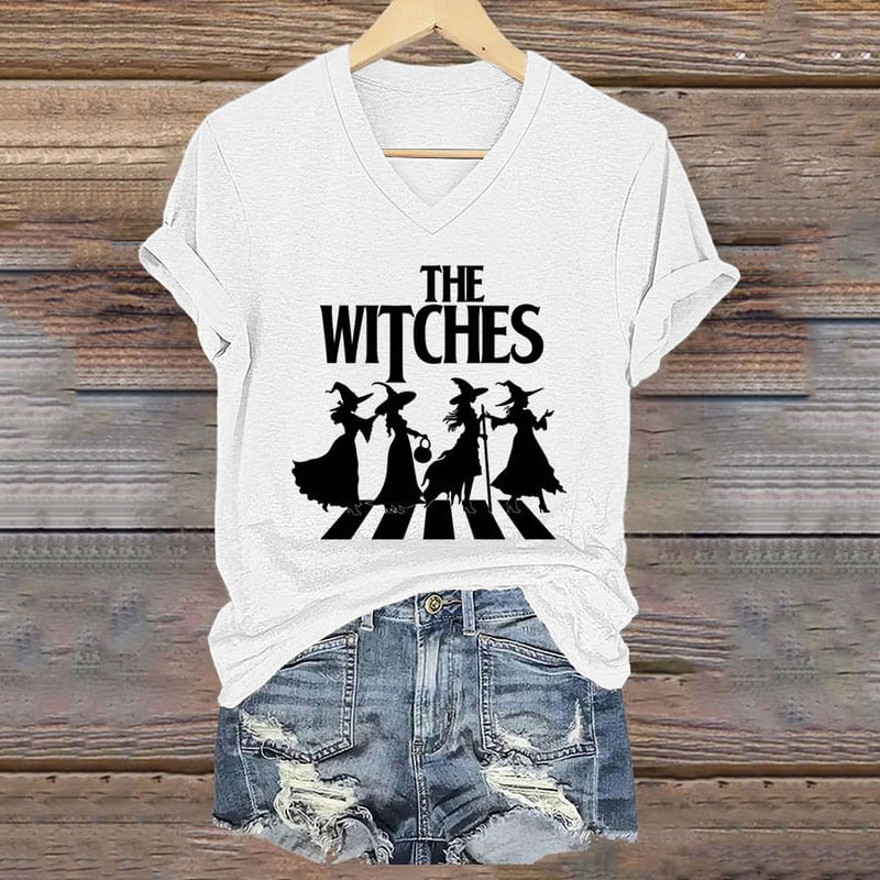 Women's Halloween The Witches Print V-Neck T-Shirt