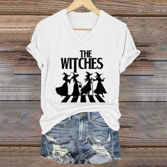 Women's Halloween The Witches Print V-Neck T-Shirt
