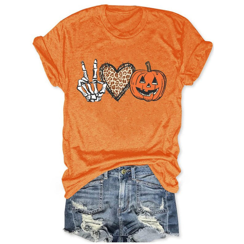 Halloween Skull Hand Heart Pumpkin Print Crew Neck Casual T Shirt