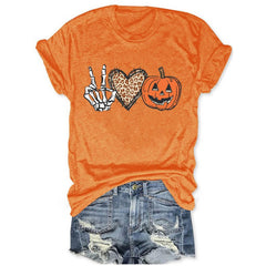 Halloween Skull Hand Heart Pumpkin Print Crew Neck Casual T Shirt