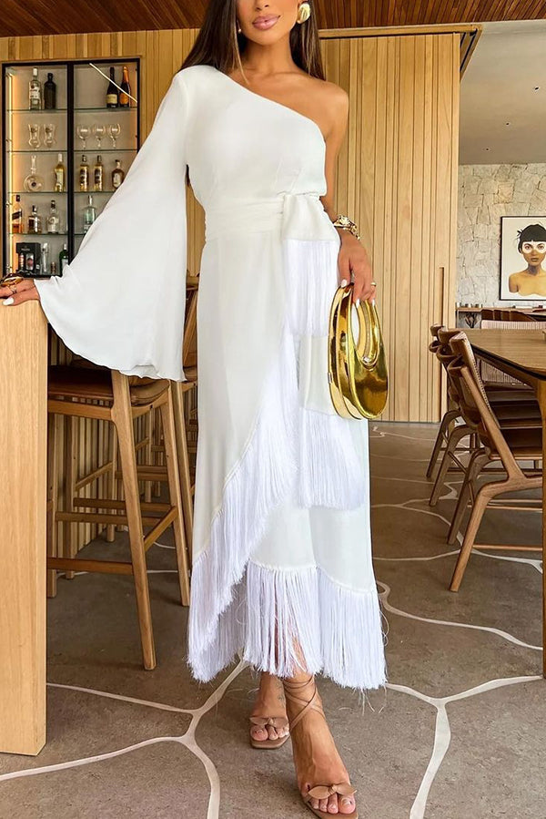 Solid Color One-sleeve Waisted Lace-up Fringed Hem Elegant Maxi Dress