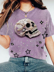Bead Skull Embroidered Vintage Washed T Shirt