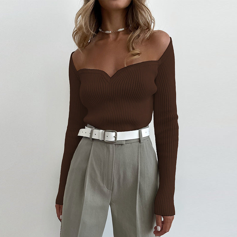 Square Neck Slim Knit Sweater with Long Sleeves Top
