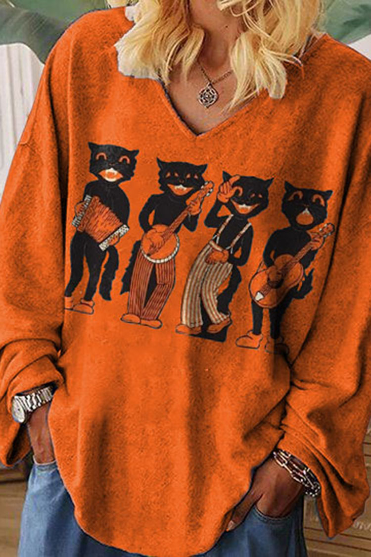 Halloween Cat Band Print Long Sleeve T-Shirt