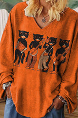 Halloween Cat Band Print Long Sleeve T-Shirt