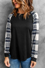 Women's Monochrome Plaid Long Sleeves Black Pullover Top
