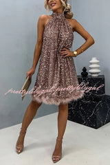 It's Time To Dance Sequin Feather Trim Halter Babydoll Mini Dress