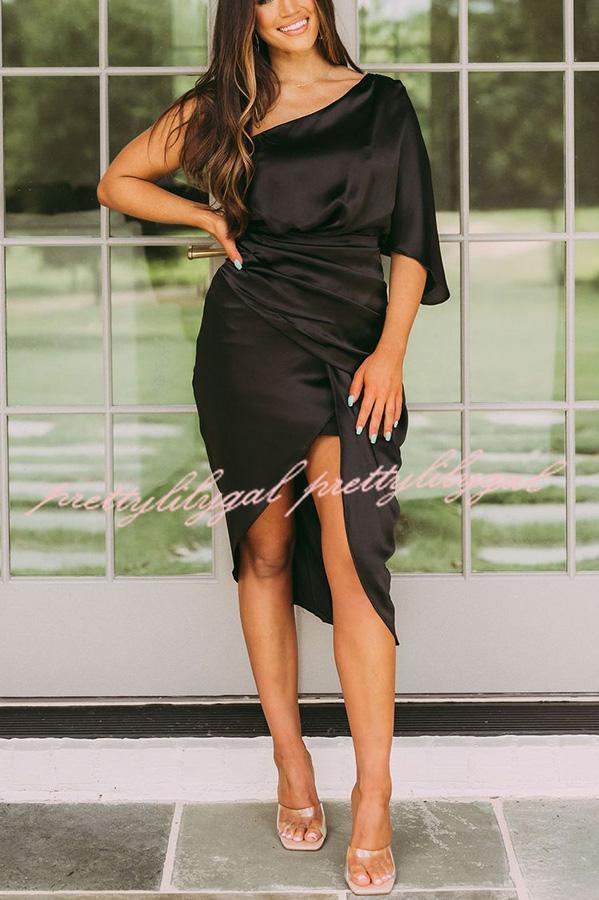 Glam Expectations One Shoulder Satin Drape Dress